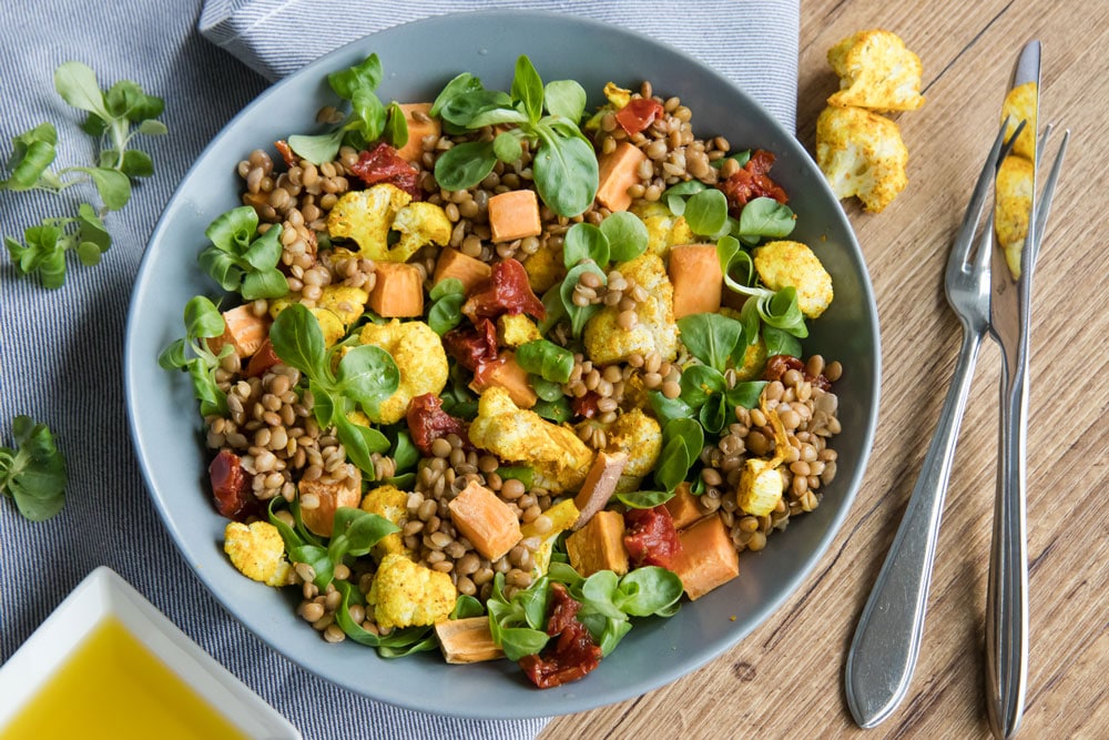 Recept voor heerlijke linzen salade met zoete aardappel